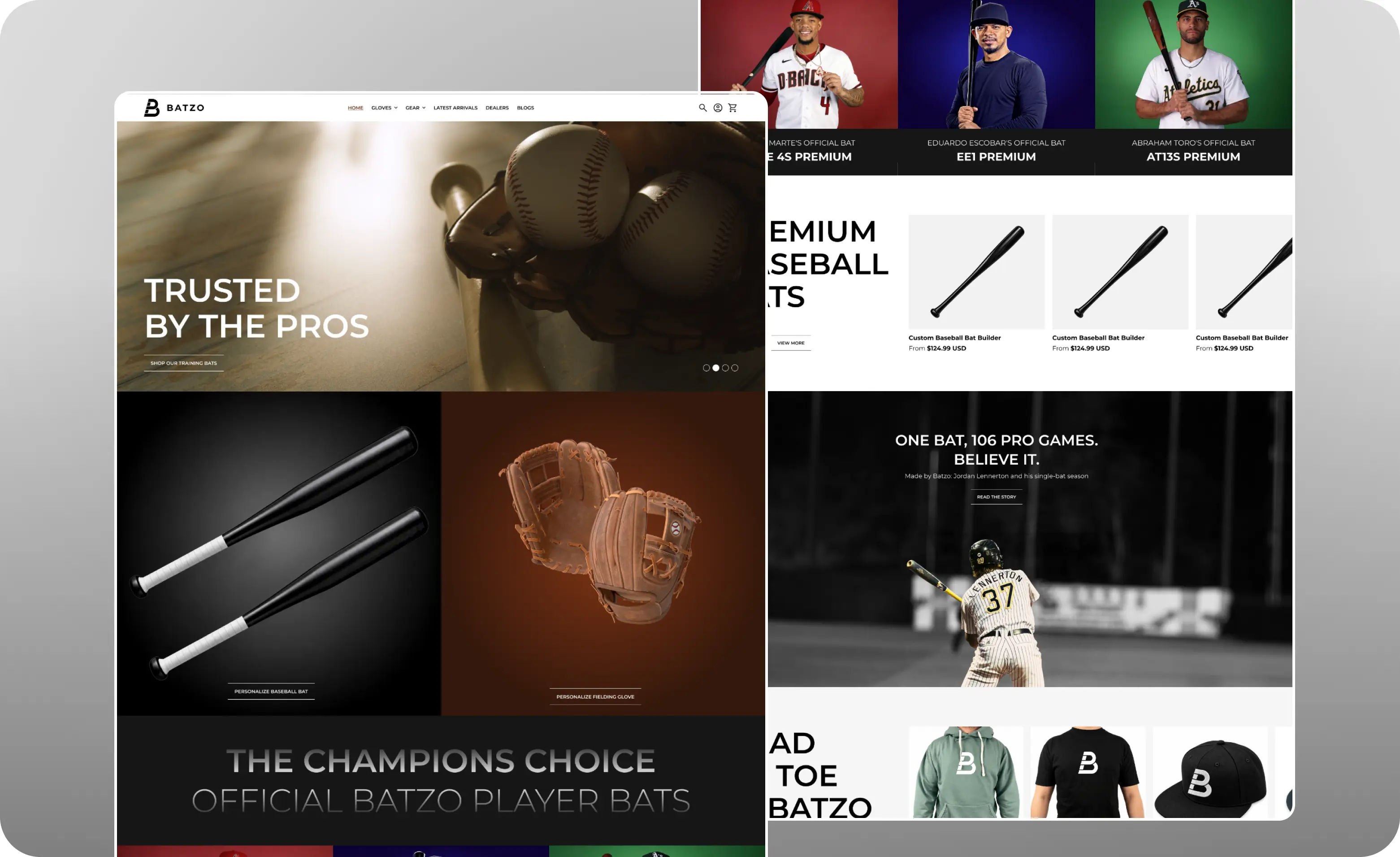 Batzo homepage, product grid and pro player spotlight