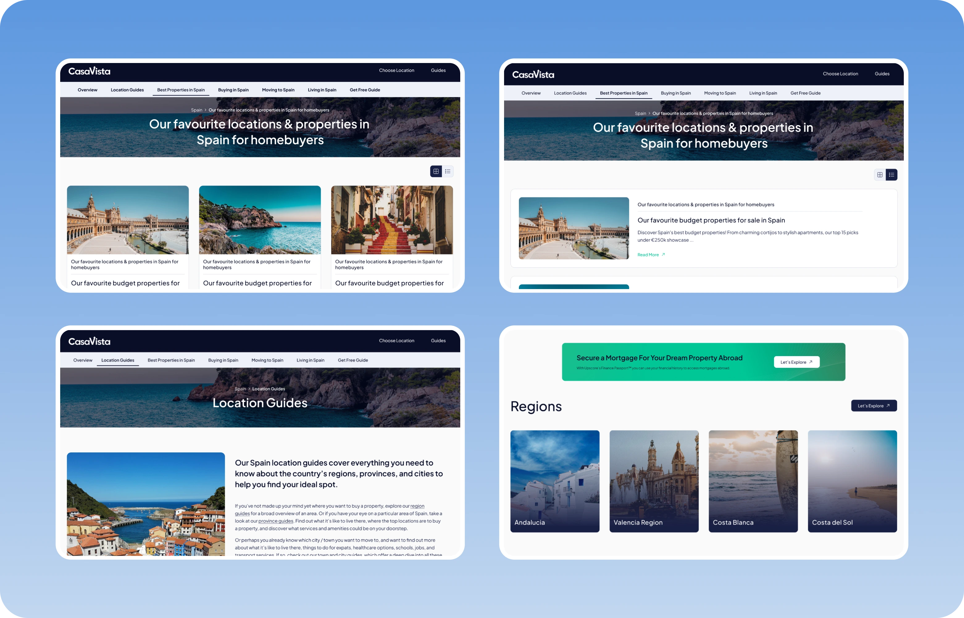 CasaVista location guides, regions explorer and mortgage finance page