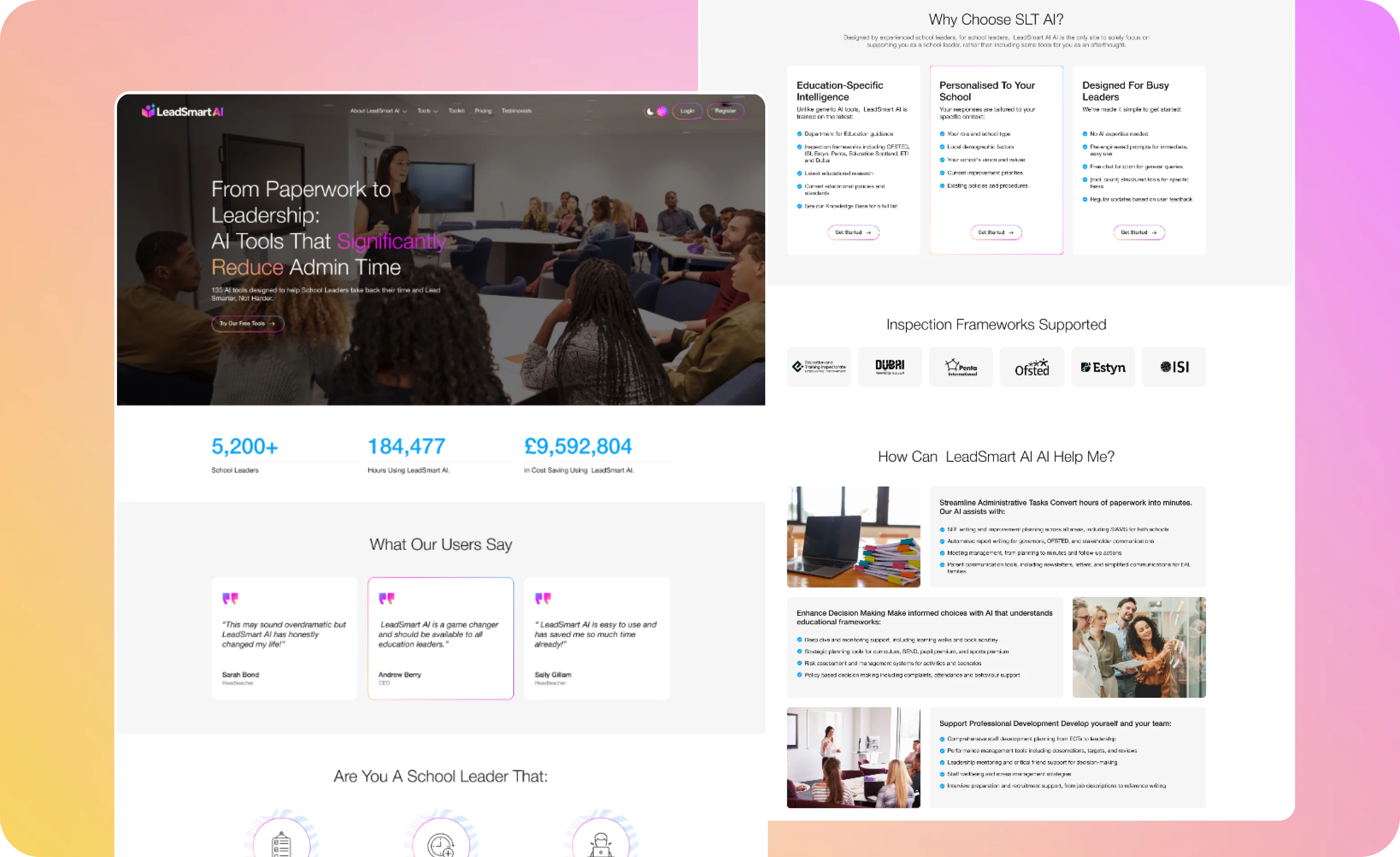 LeadSmart AI homepage with usage stats and testimonials