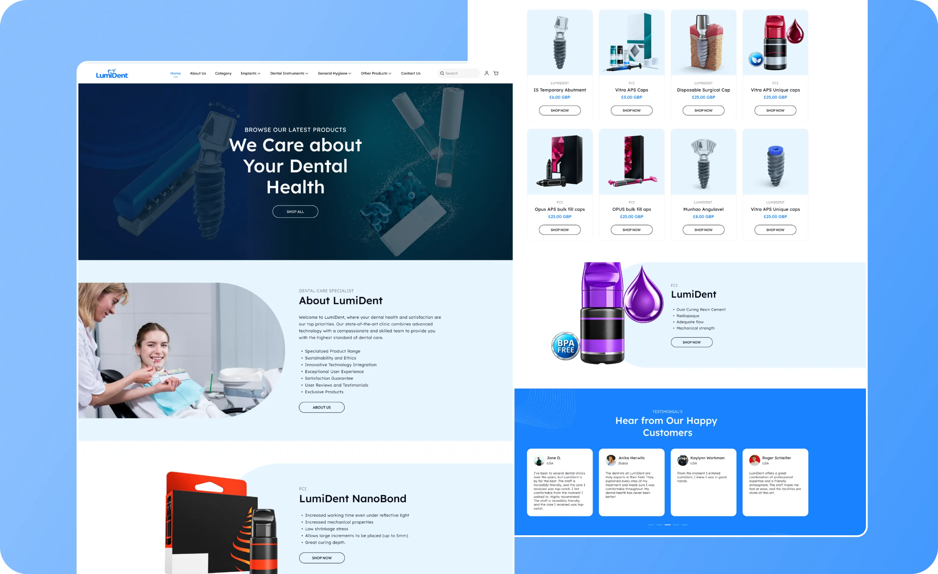 LumiDent homepage &mdash; featured products, implants and About LumiDent section