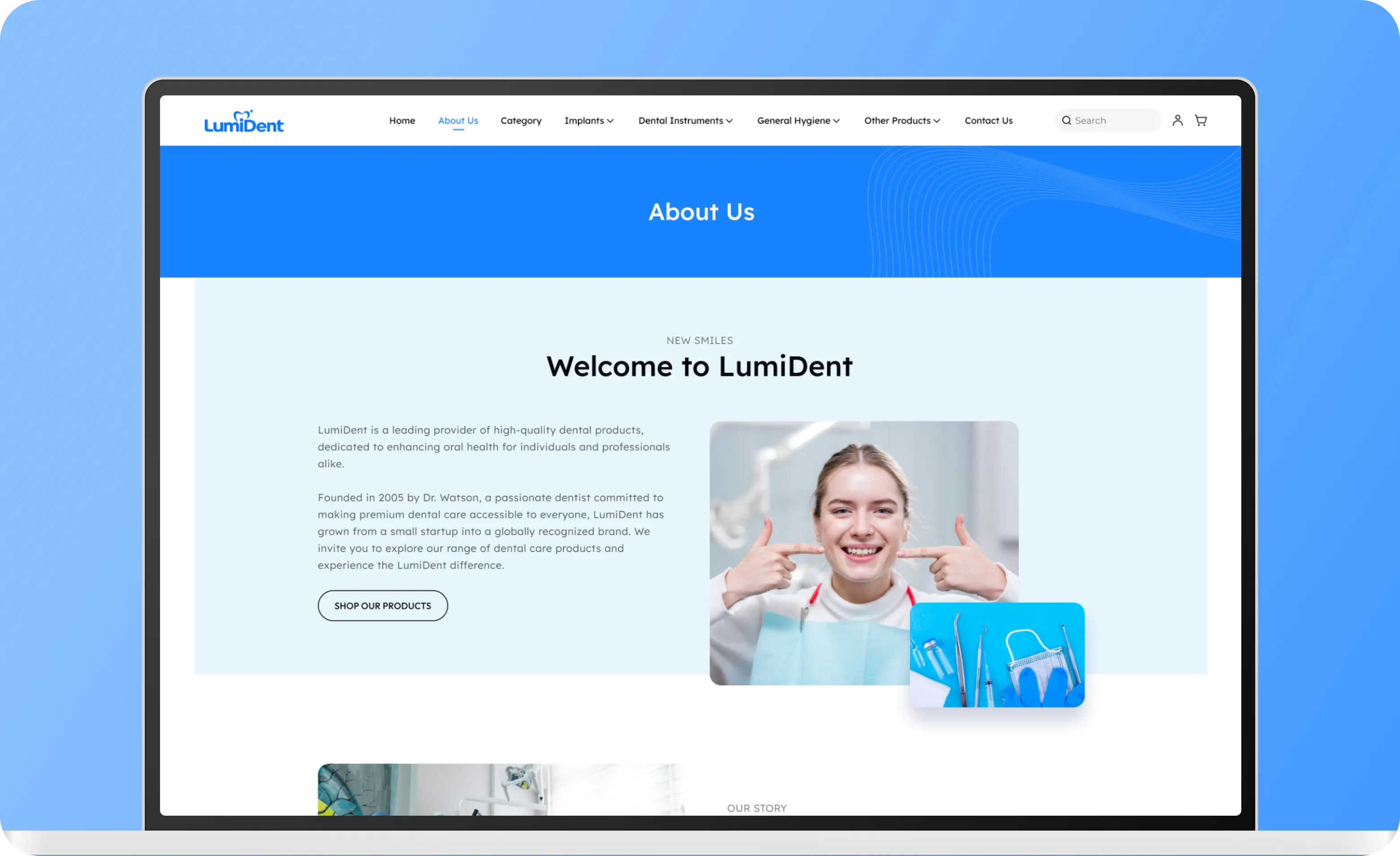 LumiDent About Us page &mdash; brand story and welcome section