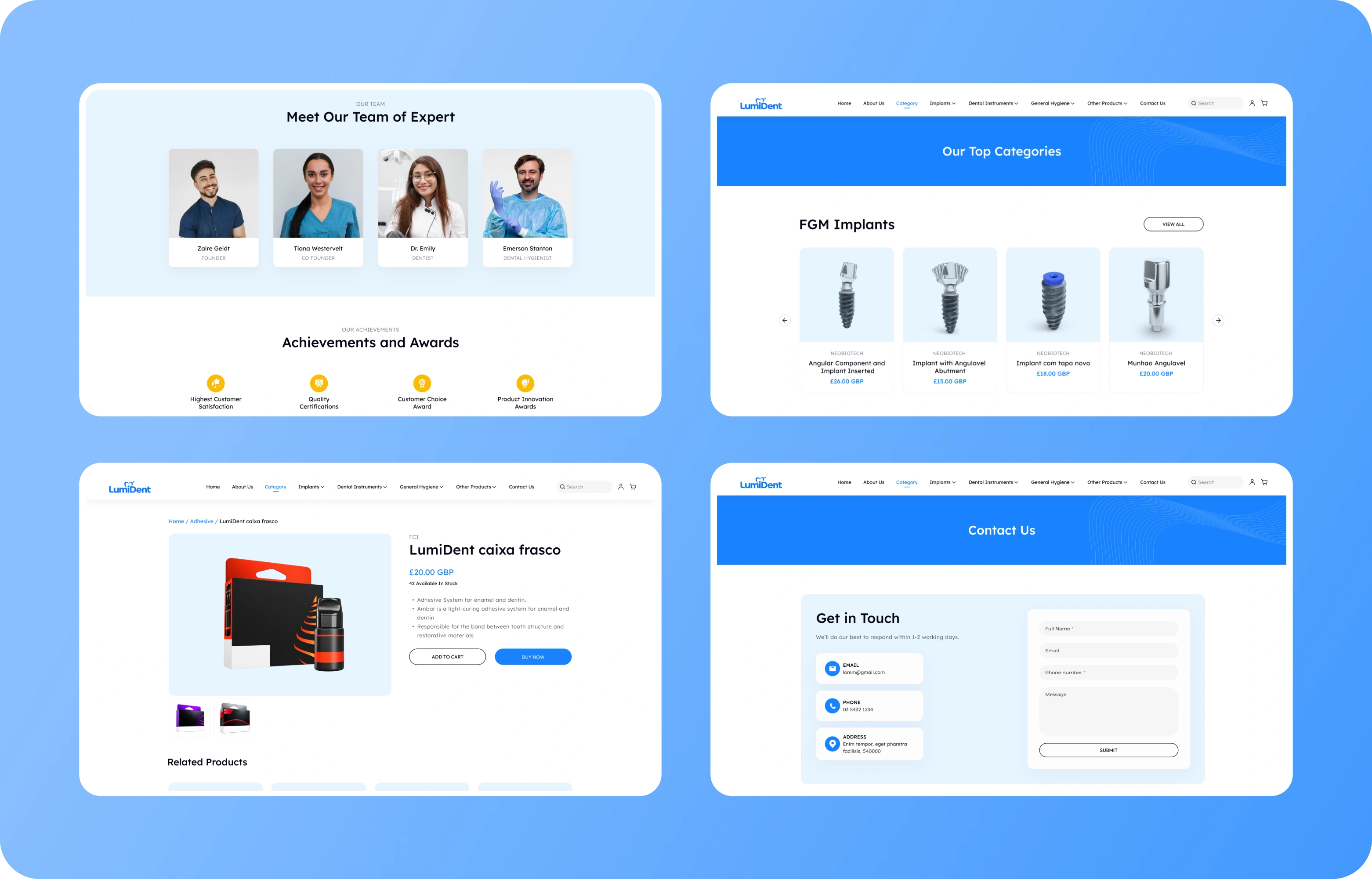 LumiDent product categories, product detail page and Contact Us