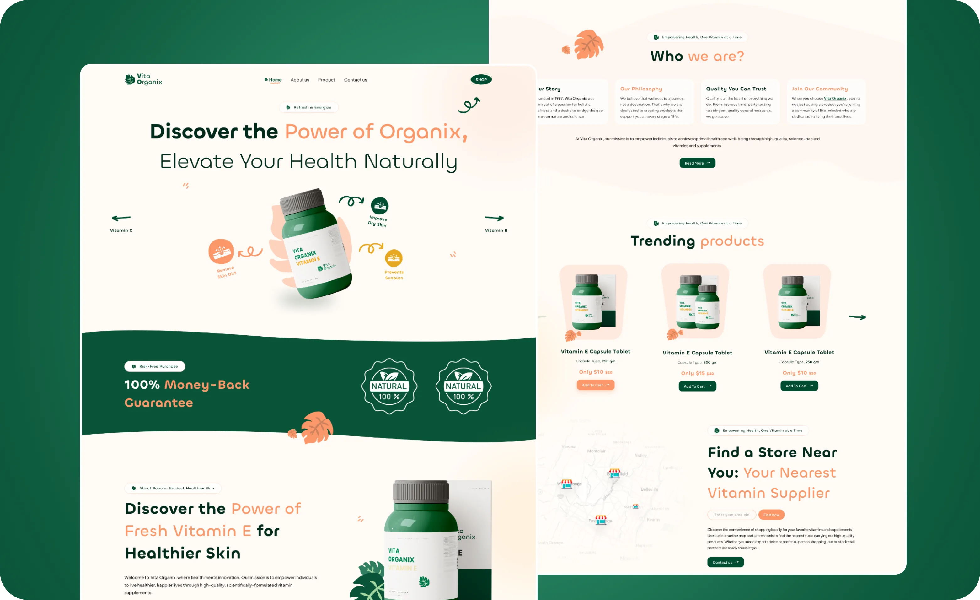 Vita Organix homepage, product highlight and natural guarantees
