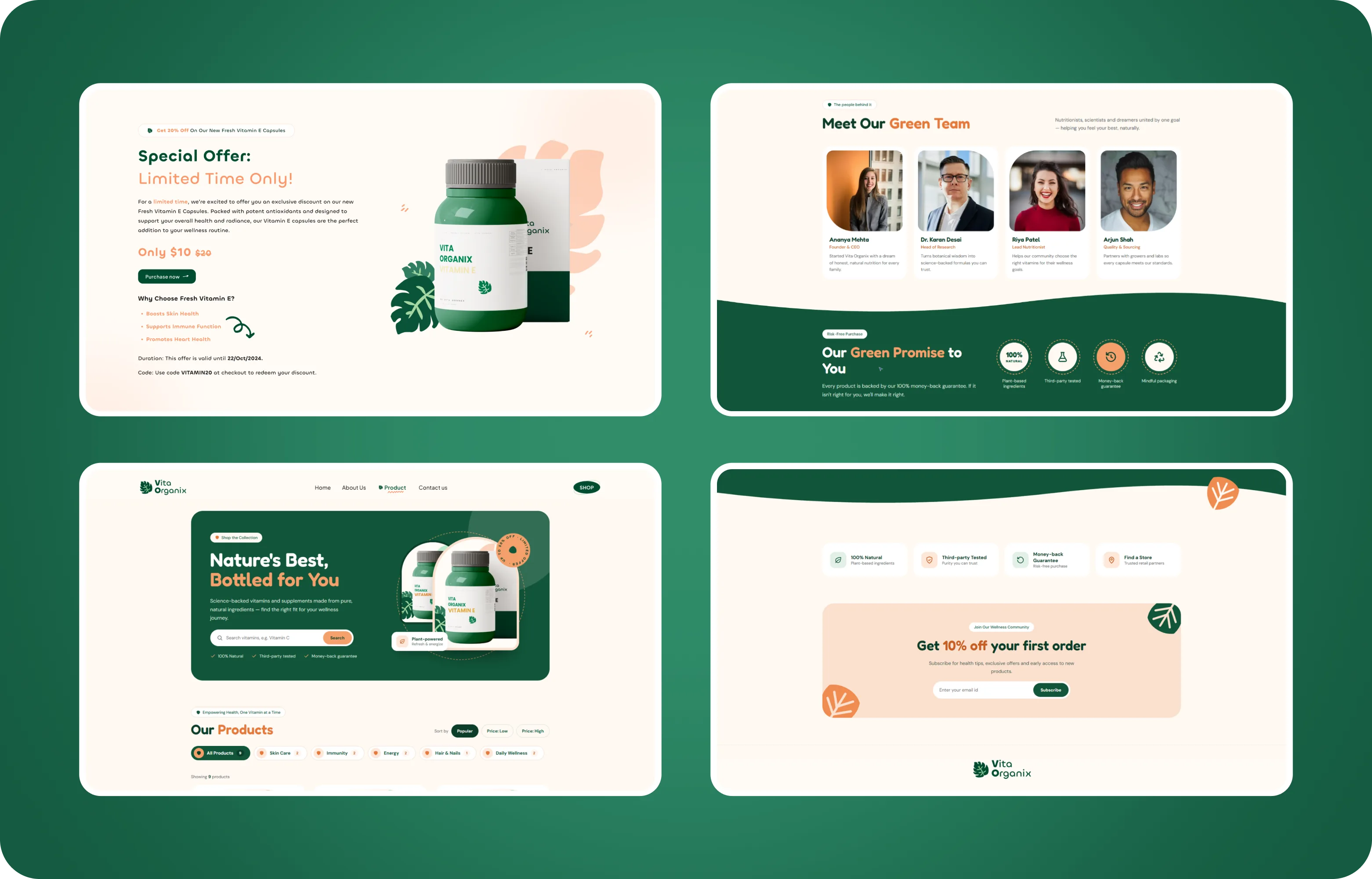 Vita Organix product catalog, team and newsletter signup